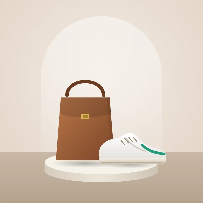 Bolsa de couro e tênis branco em exposição