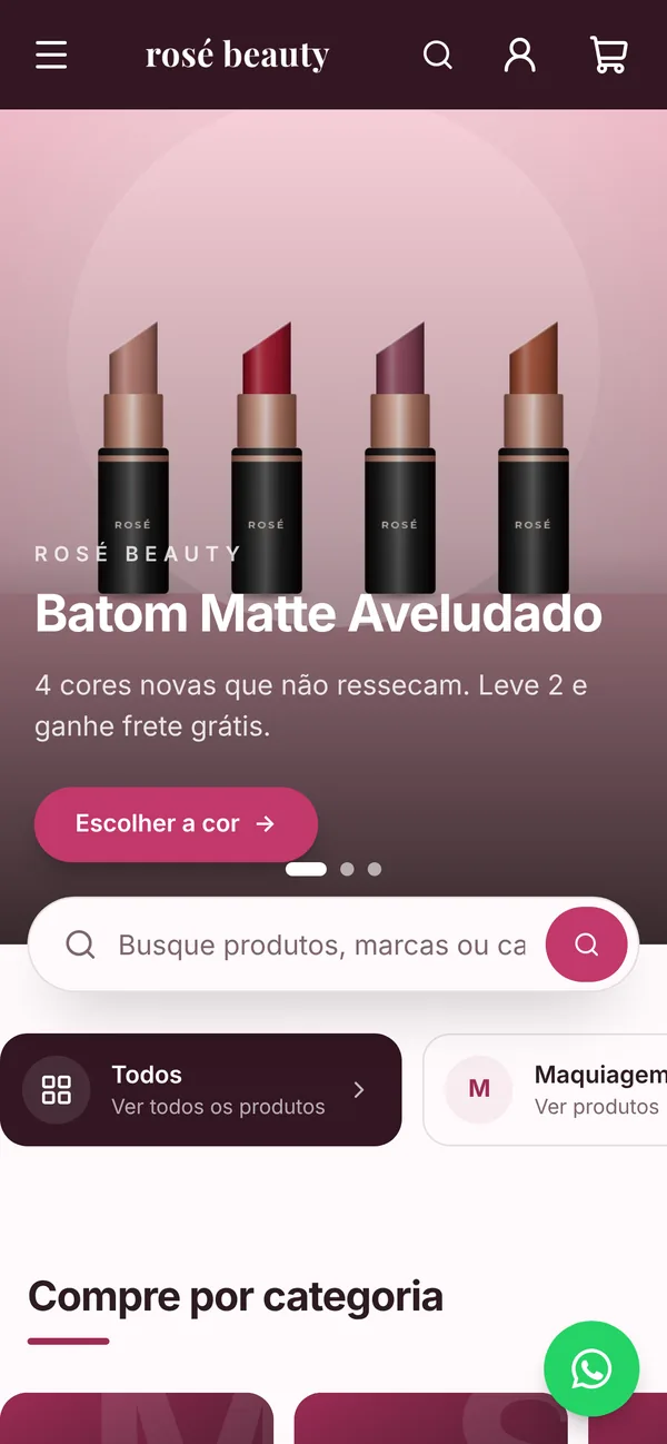 Vitrine da Rosé Beauty, loja de demonstração de cosméticos, aberta no celular