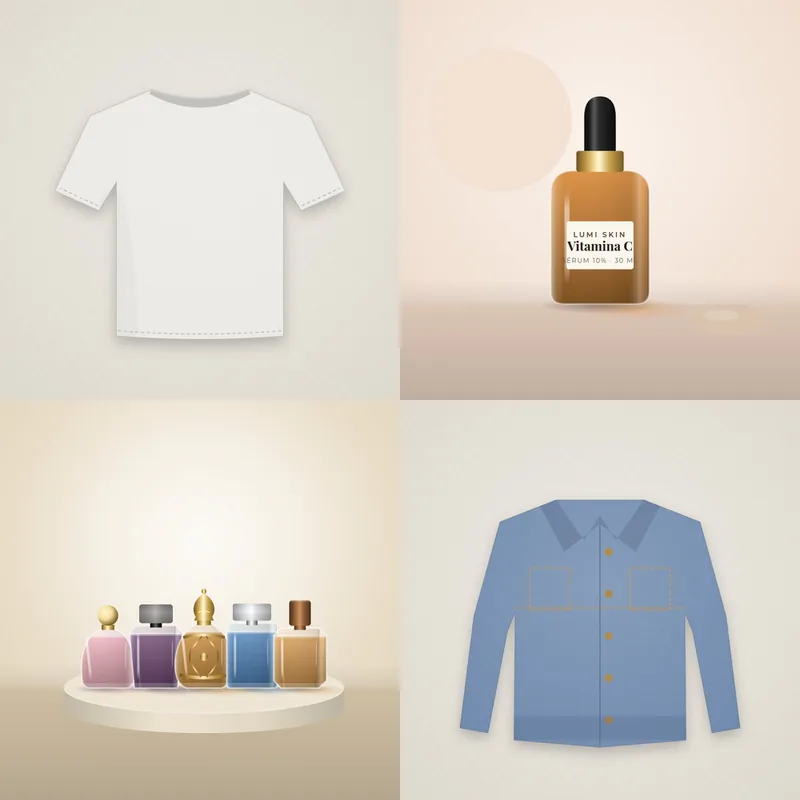 Produtos variados: camiseta, sérum, kit de perfumes e jaqueta