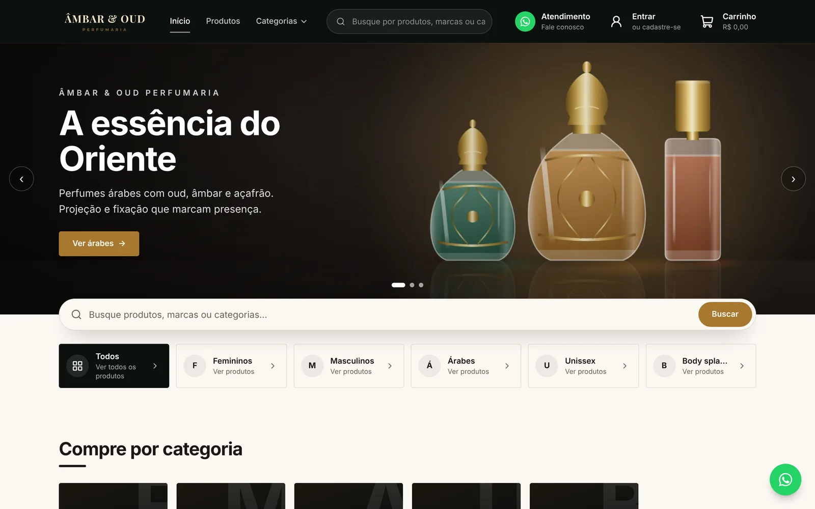 Página inicial da Âmbar & Oud, loja de demonstração de perfumes, com banner, busca e categorias