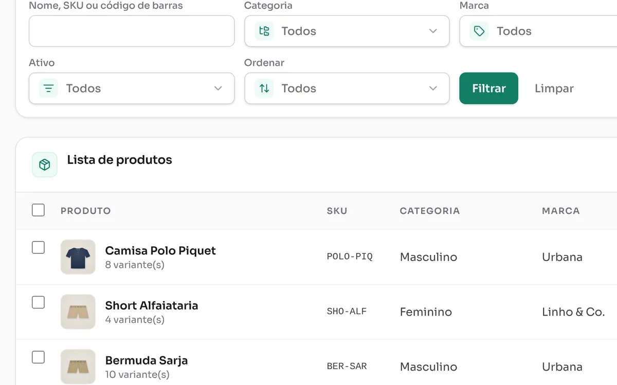 Lista de produtos no painel do MinhaLoja, com fotos, categorias, preços e status de publicação